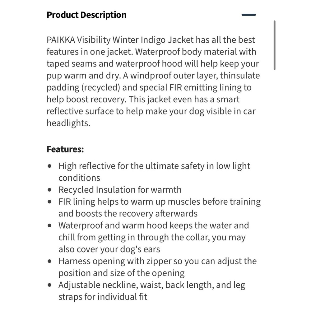 NEW PAIKKA Visibility Winter Dog Jacket Parka Indigo Waterproof Insulated - Picture 3 of 10